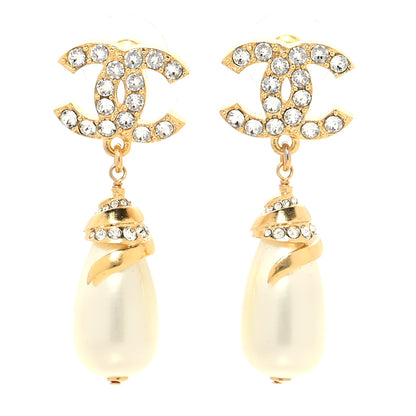 Chanel Crystal Long Pearl CC Drop Earrings Gold 1 of 4