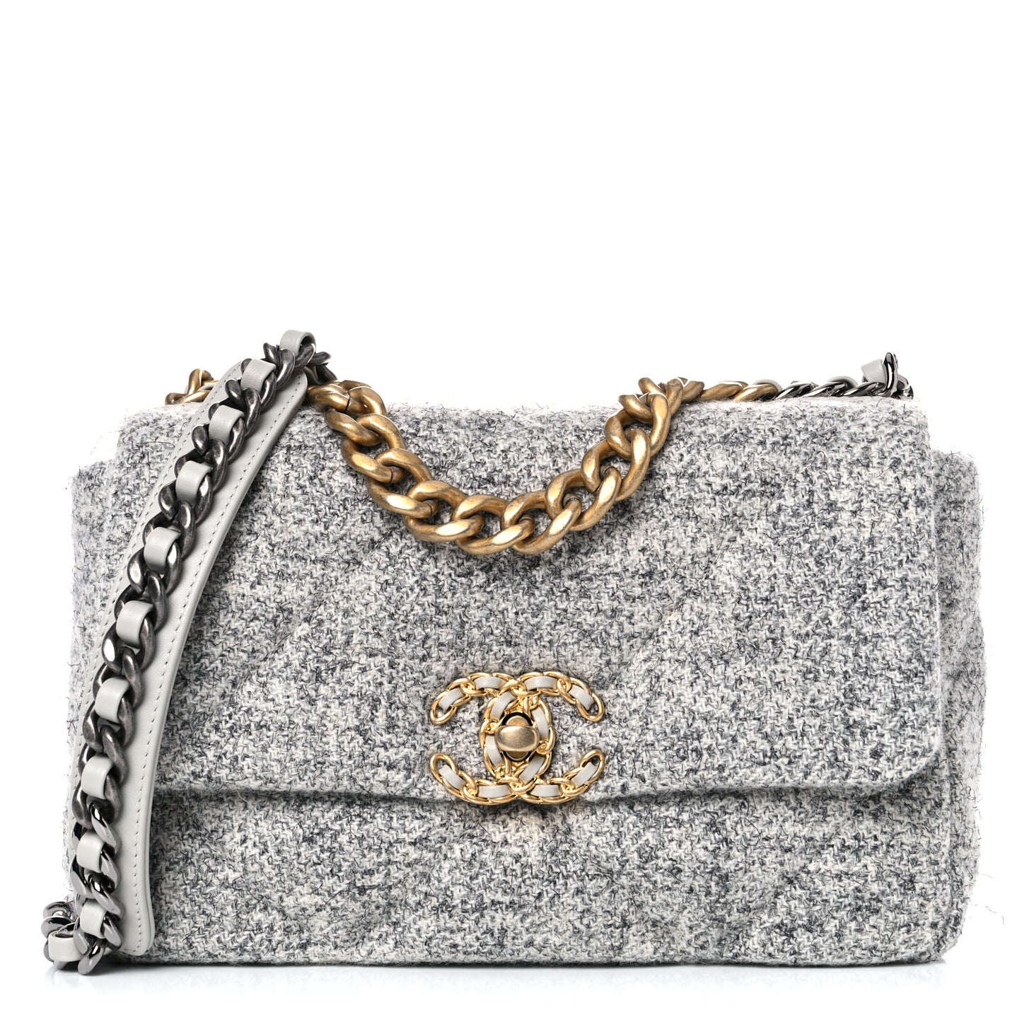 Tweed Quilted Medium Chanel 19 Flap Grey Ecru