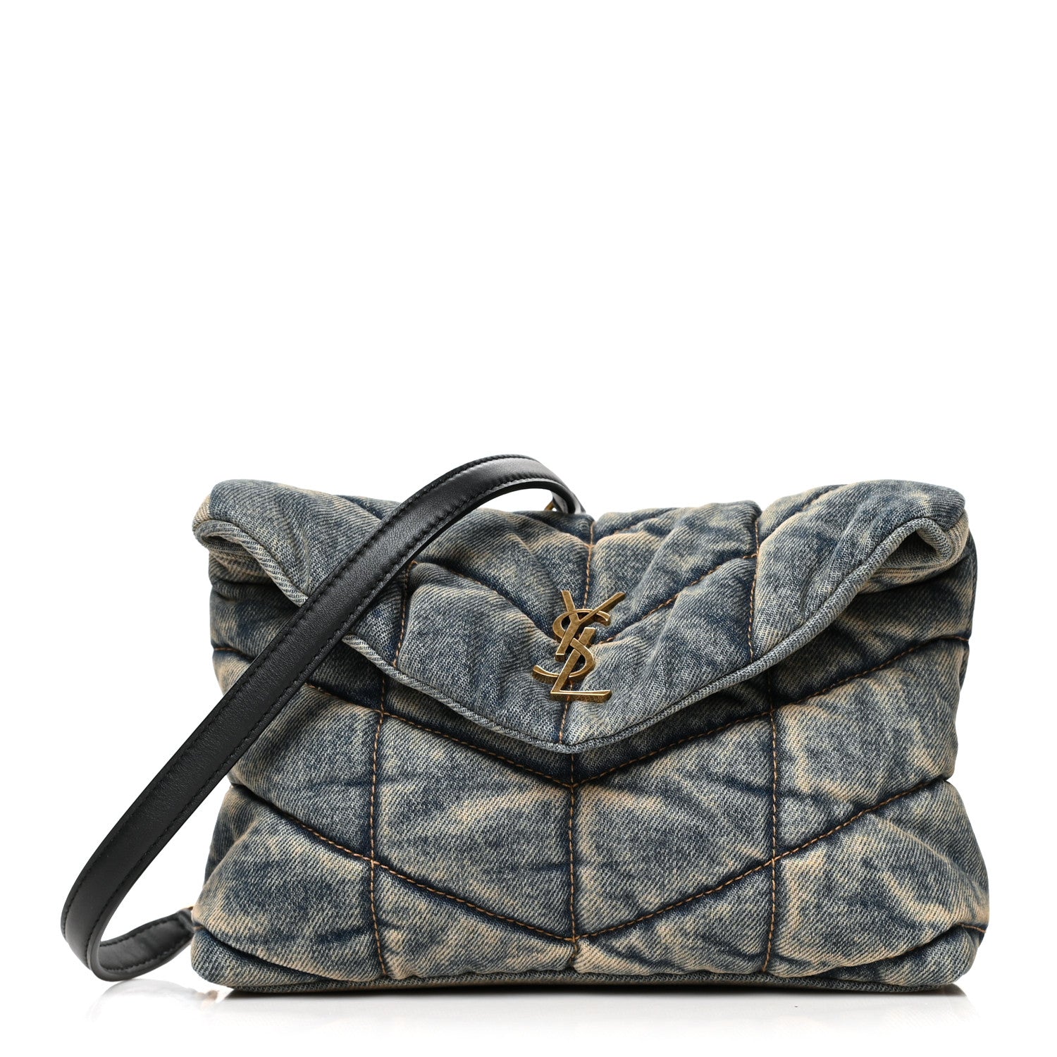 Saint Laurent Denim Quilted Toy Loulou Puffer Monogram Chain Satchel Blue Black 1 of 10