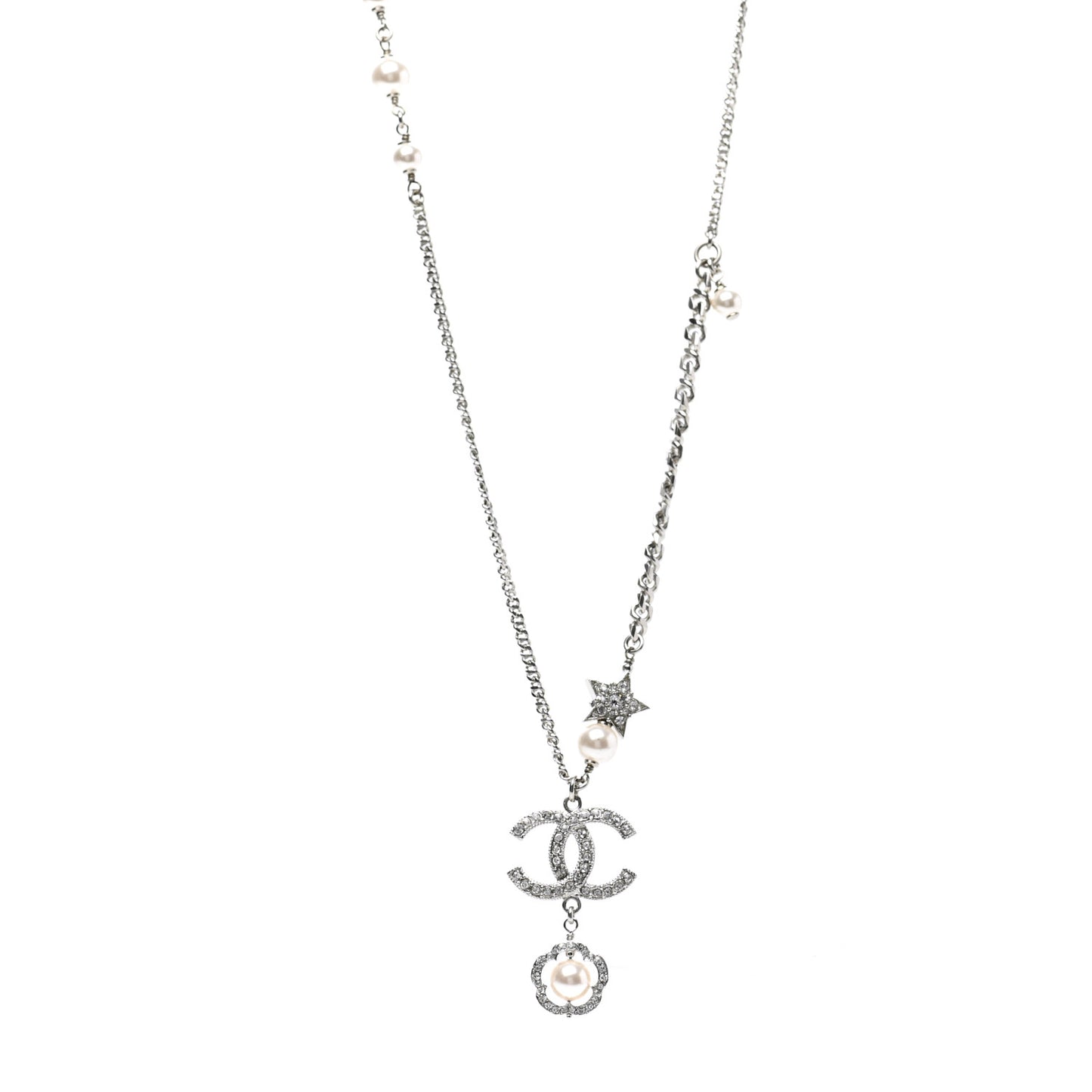 Crystal Pearl CC Star Necklace Silver
