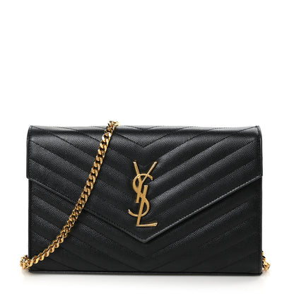 Saint Laurent Grain De Poudre Matelasse Chevron Monogram Chain Wallet Black 1 of 7