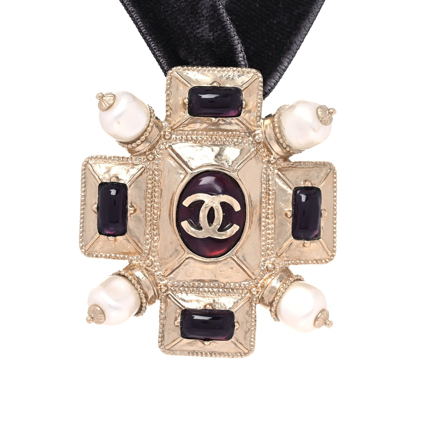 Velvet Gripoix Crystal CC Choker Necklace Black Gold