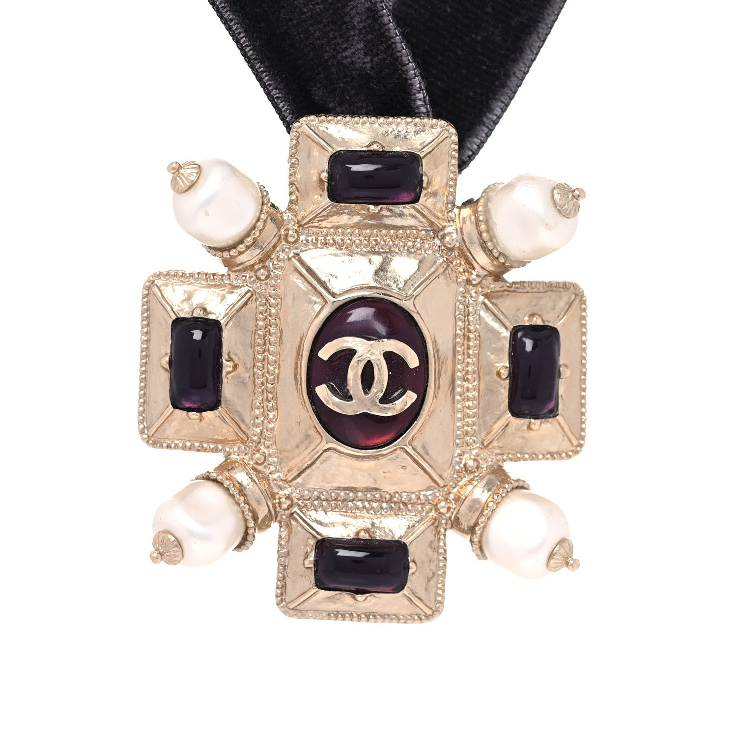 Chanel Velvet Gripoix Crystal CC Choker Necklace Black Gold 4 of 9