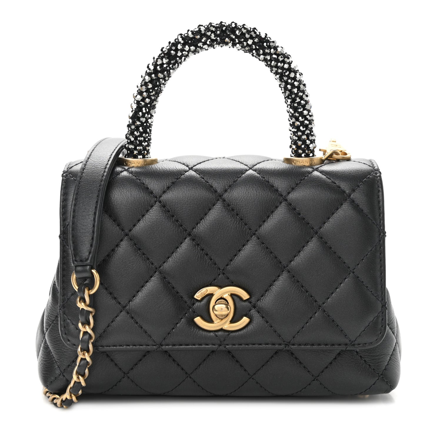 Calfskin Crystal Quilted Extra Mini Coco Handle Flap Black
