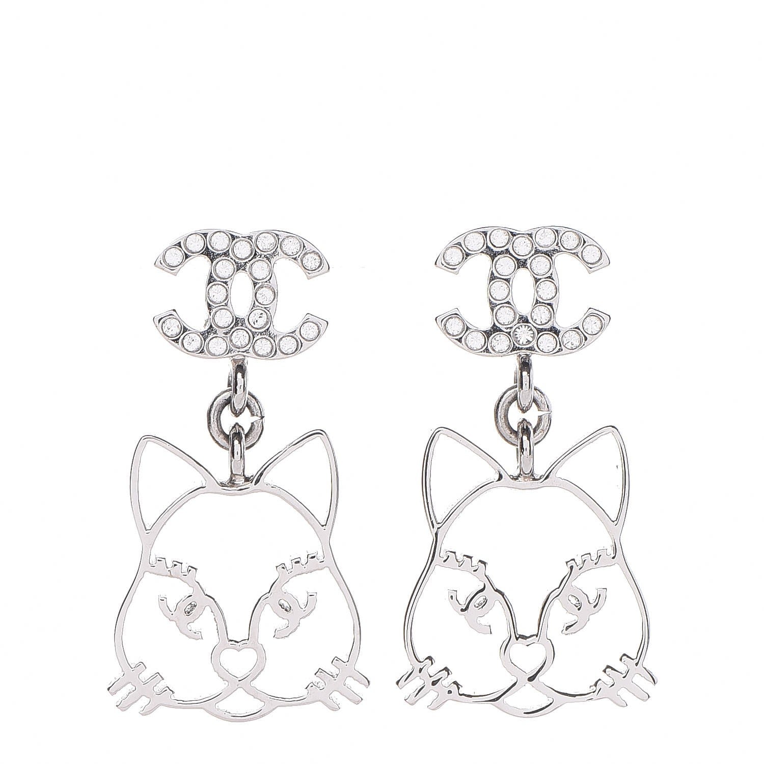 Chanel Crystal Emoji Choupette Cat CC Earrings Silver 1 of 5