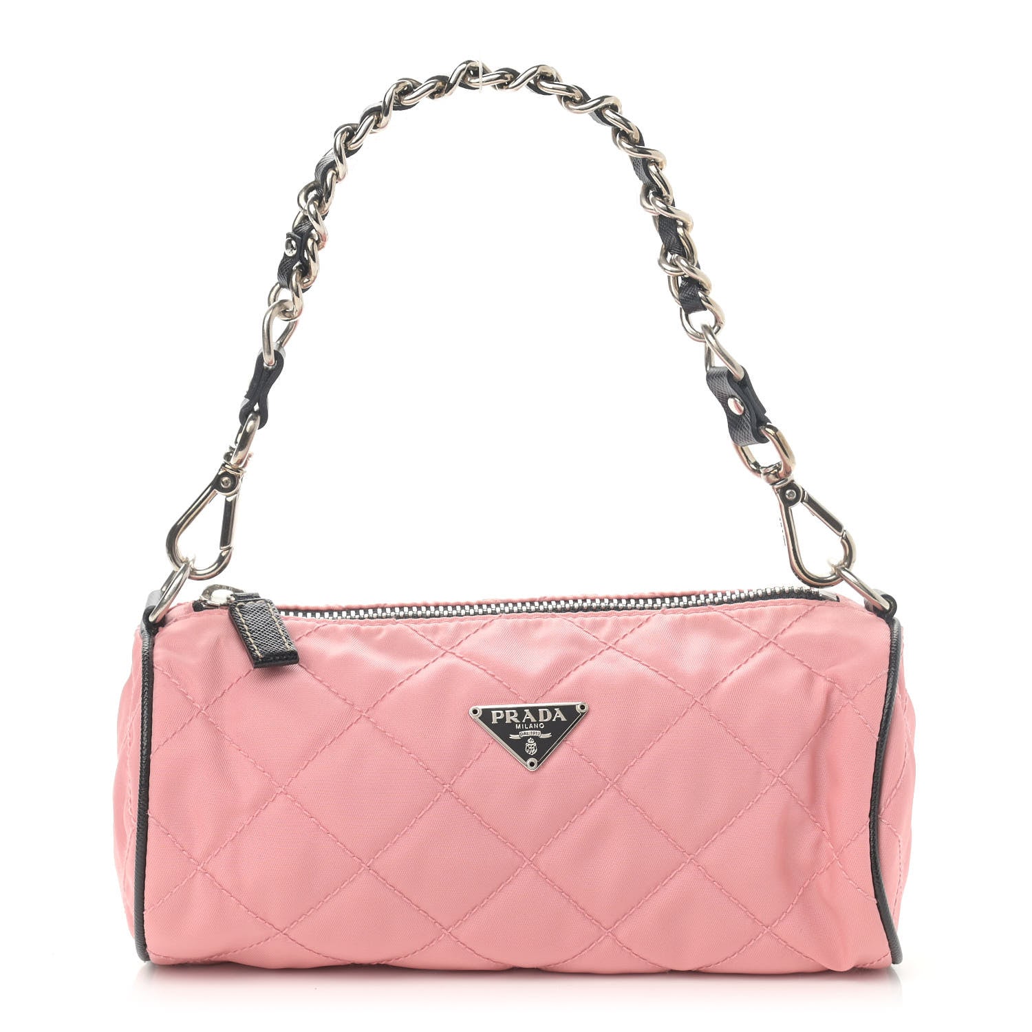 Prada Tessuto Nylon Saffiano Impunturato Quilted Barrel Pochette Pink Black 1 of 12