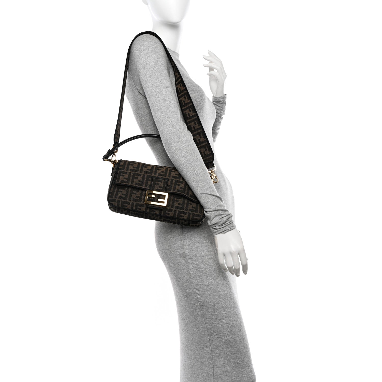 Fendi Fabric Jacquard FF 1974 Medium Baguette Tobacco Moro Black 2 of 11