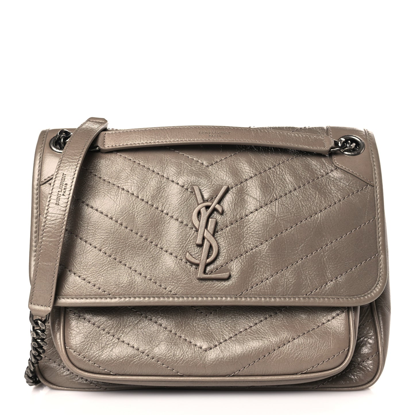 Crinkled Calfskin Matelasse Monogram Medium Niki Chain Satchel Light Taupe