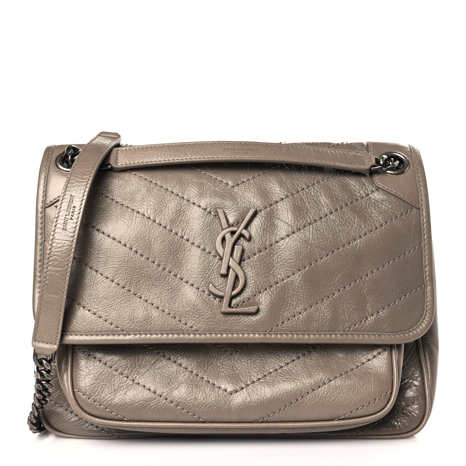 Saint Laurent Crinkled Calfskin Matelasse Monogram Medium Niki Chain Satchel Light Taupe 1 of 9