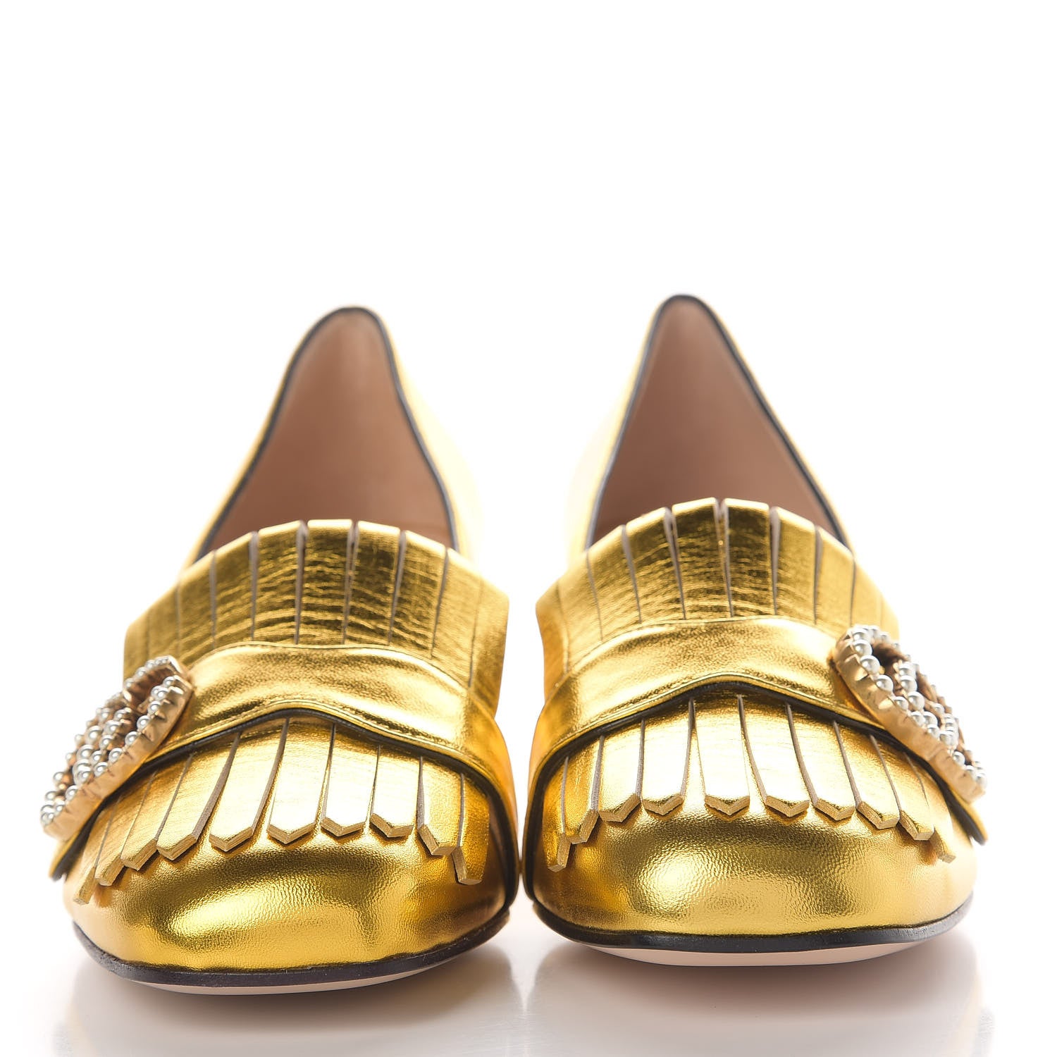 Gucci Metallic Nappa Pearly GG Marmont Fringe 50mm Loafer Pumps 37.5 Oro Vecchio 2 of 13