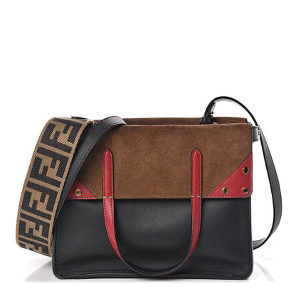 Fendi Vitello Grace Suede Small Flip Tote Black Fragola Marrone 1 of 10