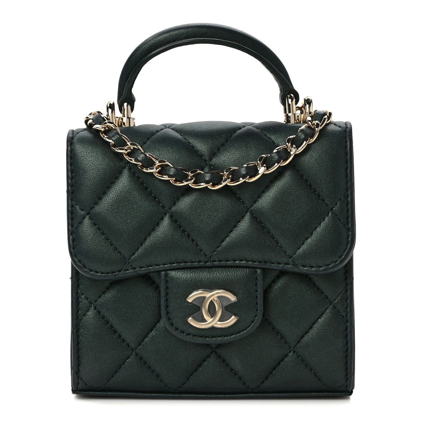 Chanel Iridescent Lambskin Quilted Top Handle Flap Clutch With Chain Dark Green 1 of 15