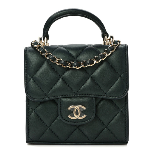 Iridescent Lambskin Quilted Top Handle Flap Clutch With Chain Dark Green