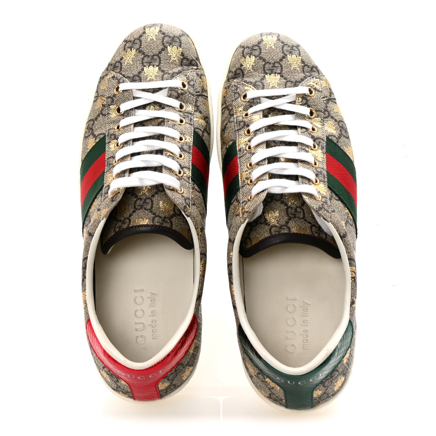 Gucci GG Supreme Monogram Bees Ayers Web Mens Ace Sneakers 9 Beige Oro Green Red 2 of 9