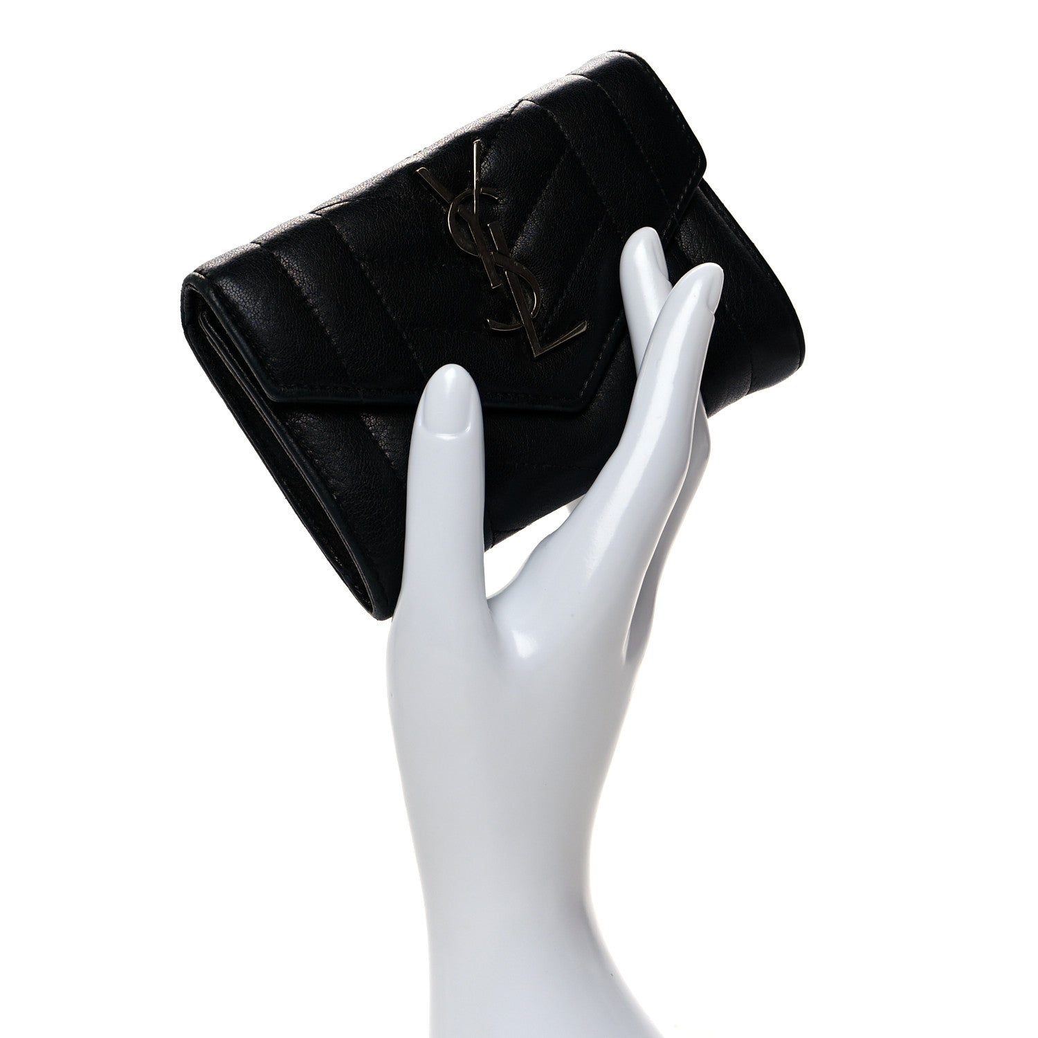Saint Laurent Lambskin Mixed Matelasse Chevron Small Monogram Envelope Wallet Black 2 of 11