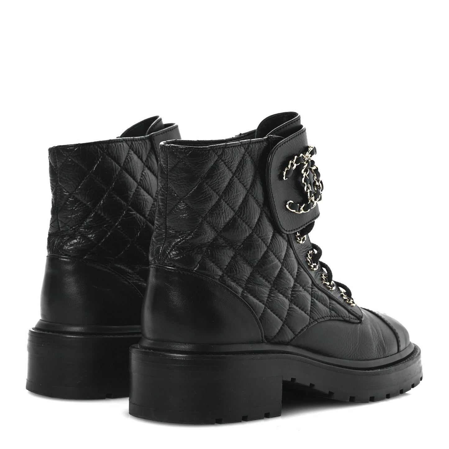 Shiny Goatskin Calfskin Quilted Lace Up Combat Boots 37 Black