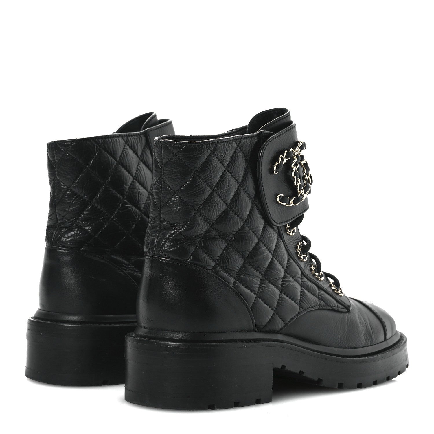 Chanel Shiny Goatskin Calfskin Quilted Lace Up Combat Boots 37 Black 5 of 11