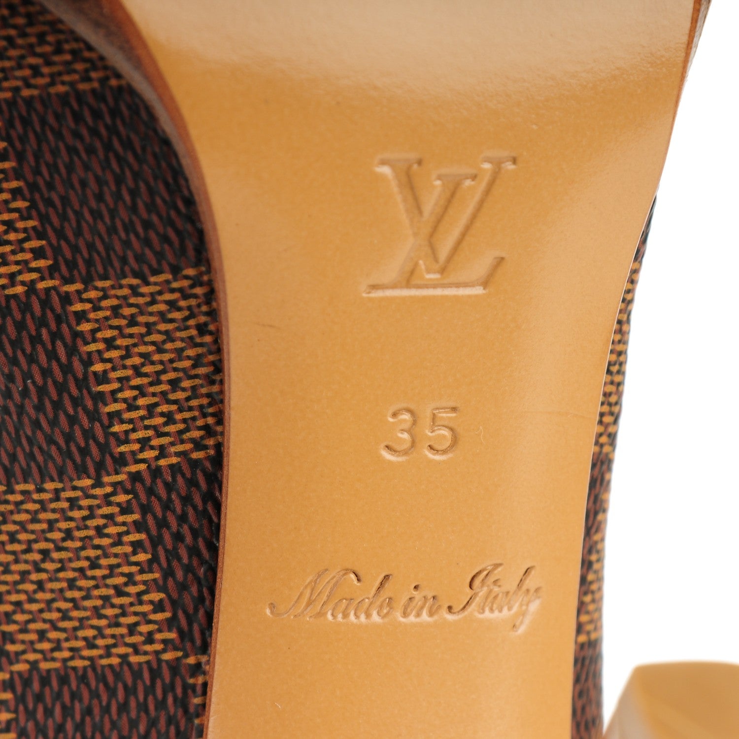 Louis Vuitton Damier Ebene Palm Beach Peep Toe Pumps 35 6 of 7