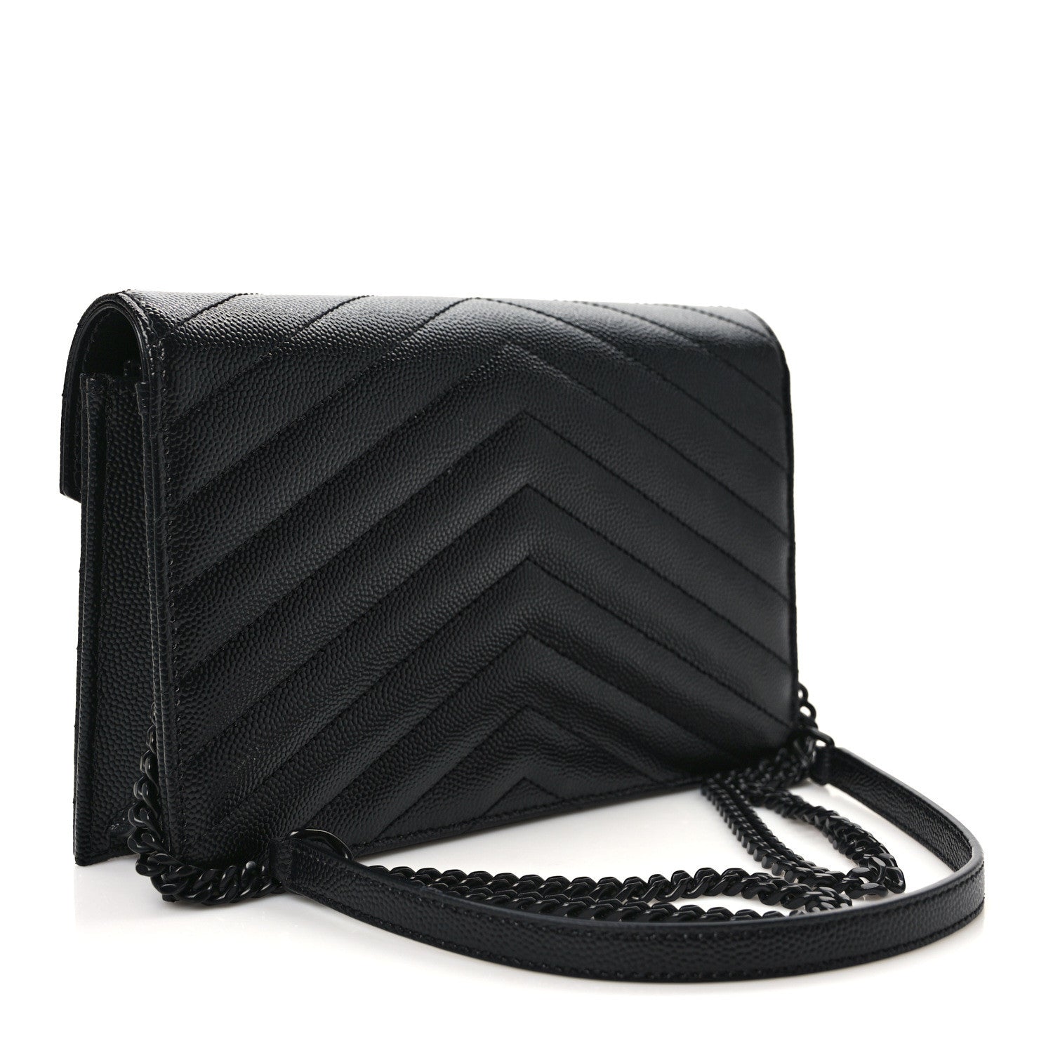 Saint Laurent Grain De Poudre Matelasse Chevron Monogram Monochrome Envelope Chain Wallet Black 3 of 9