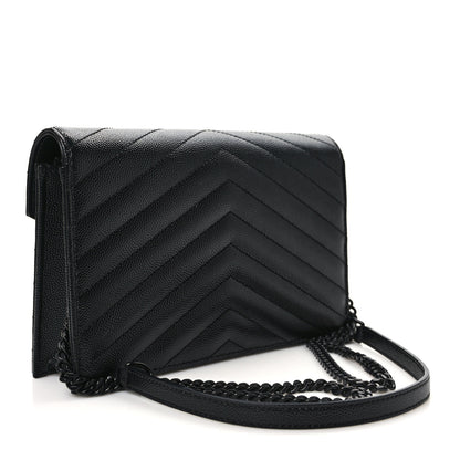Saint Laurent Grain De Poudre Matelasse Chevron Monogram Monochrome Envelope Chain Wallet Black 3 of 9