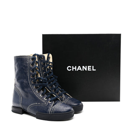 Chanel Coated Canvas Lace Up Combat Boots 37 Navy 8 of 8