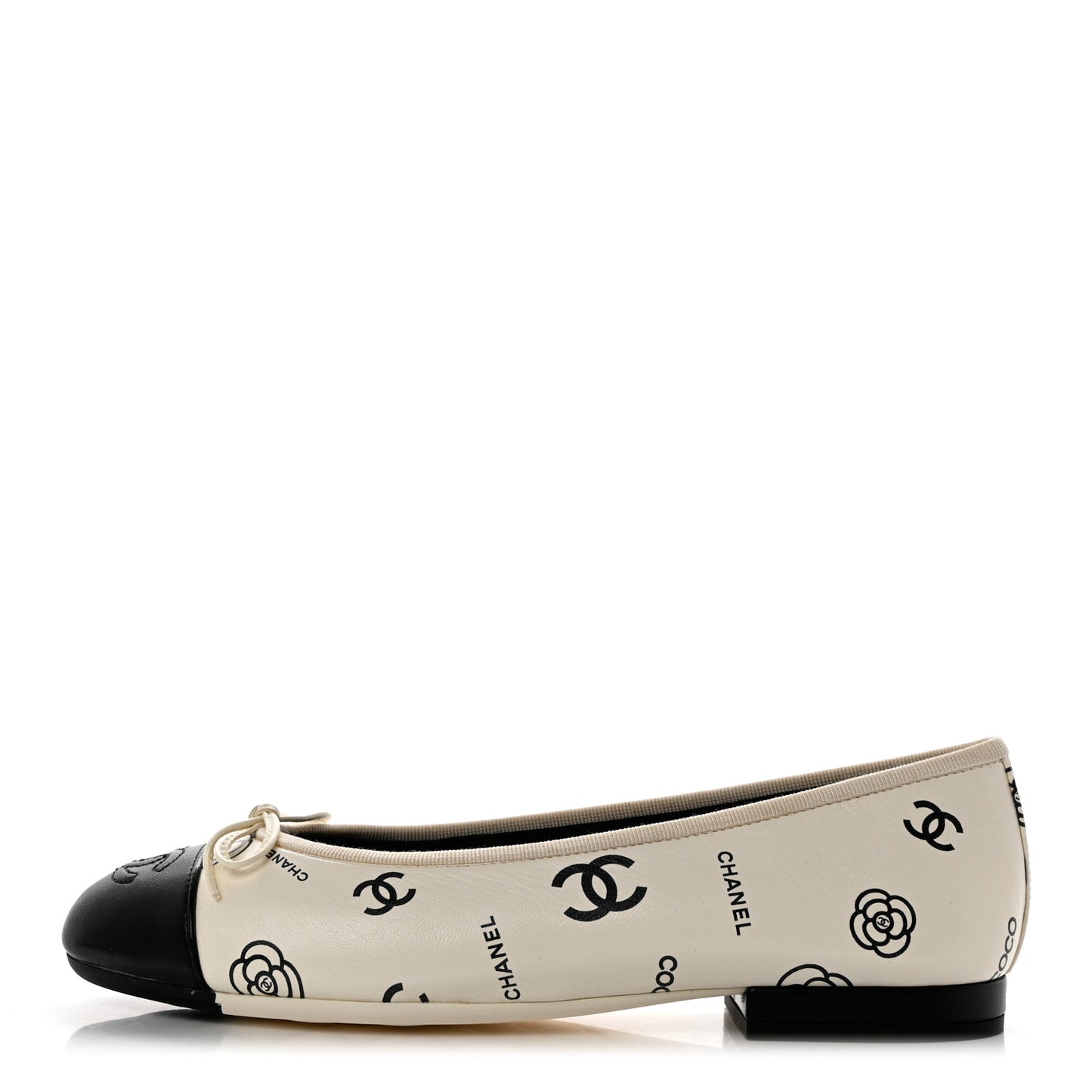 Printed Lambskin Cap Toe CC Ballet Flats 37 White Black