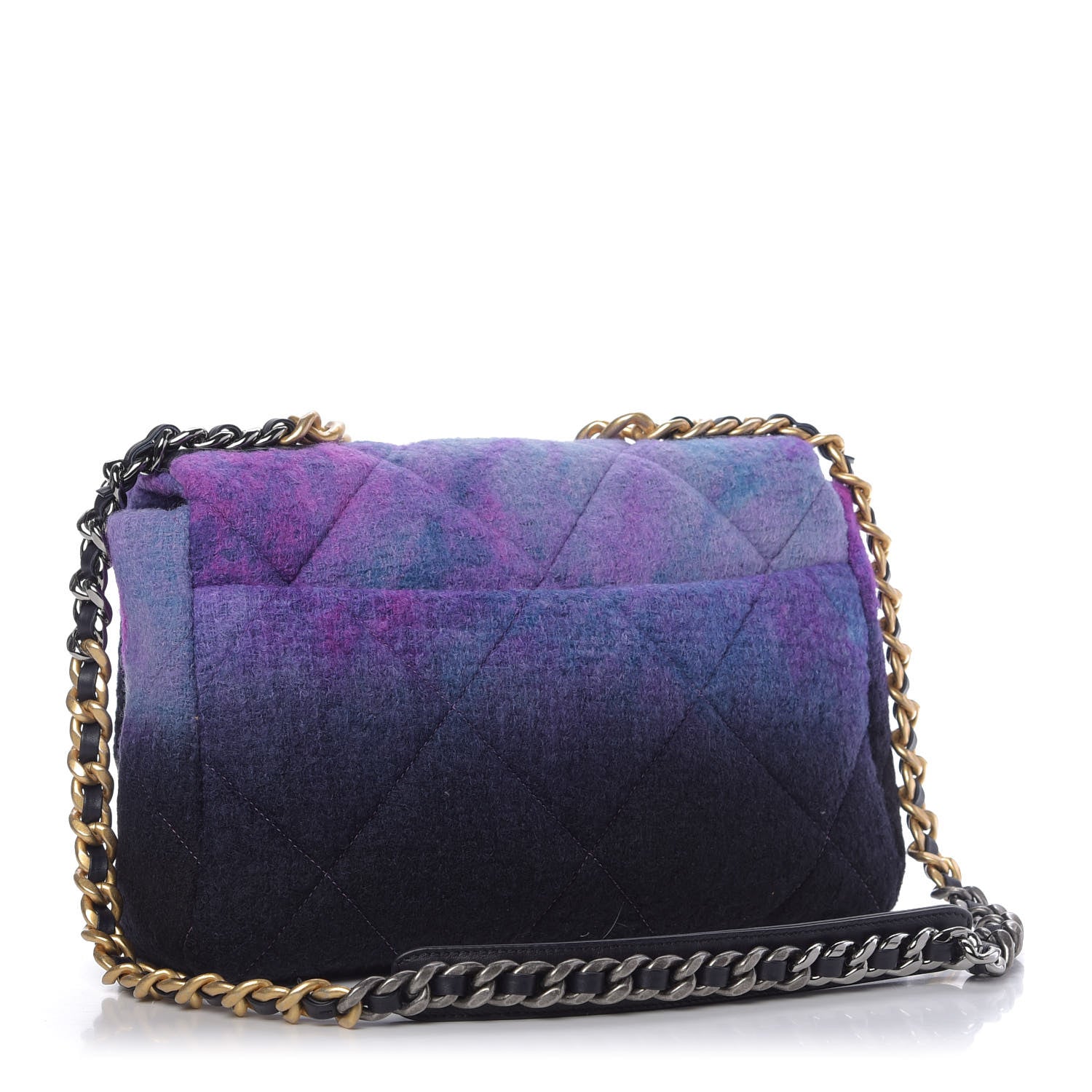 Chanel Wool Tweed Quilted Large 19 Flap Purple Black Blue 3 of 9