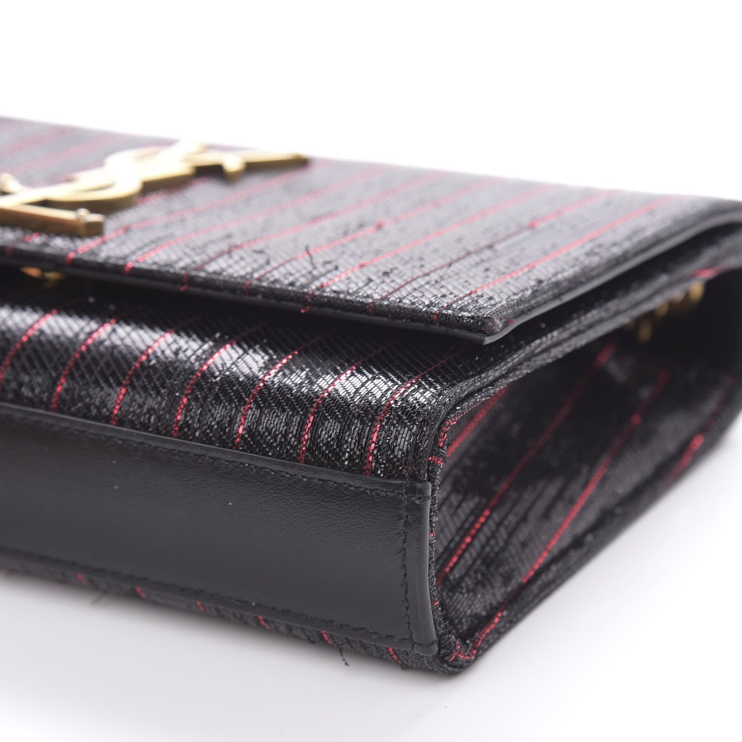 Metallic Calfskin Striped Small Monogram Kate Satchel Black Red