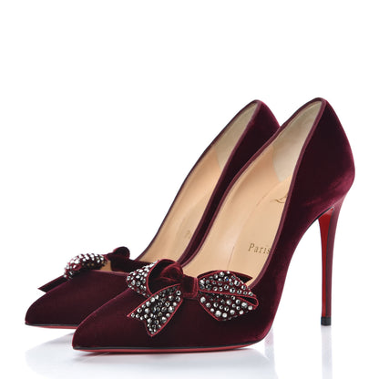 Christian Louboutin Velvet Madame Menule Bow 100 Pumps 35.5 Burgundy 3 of 8