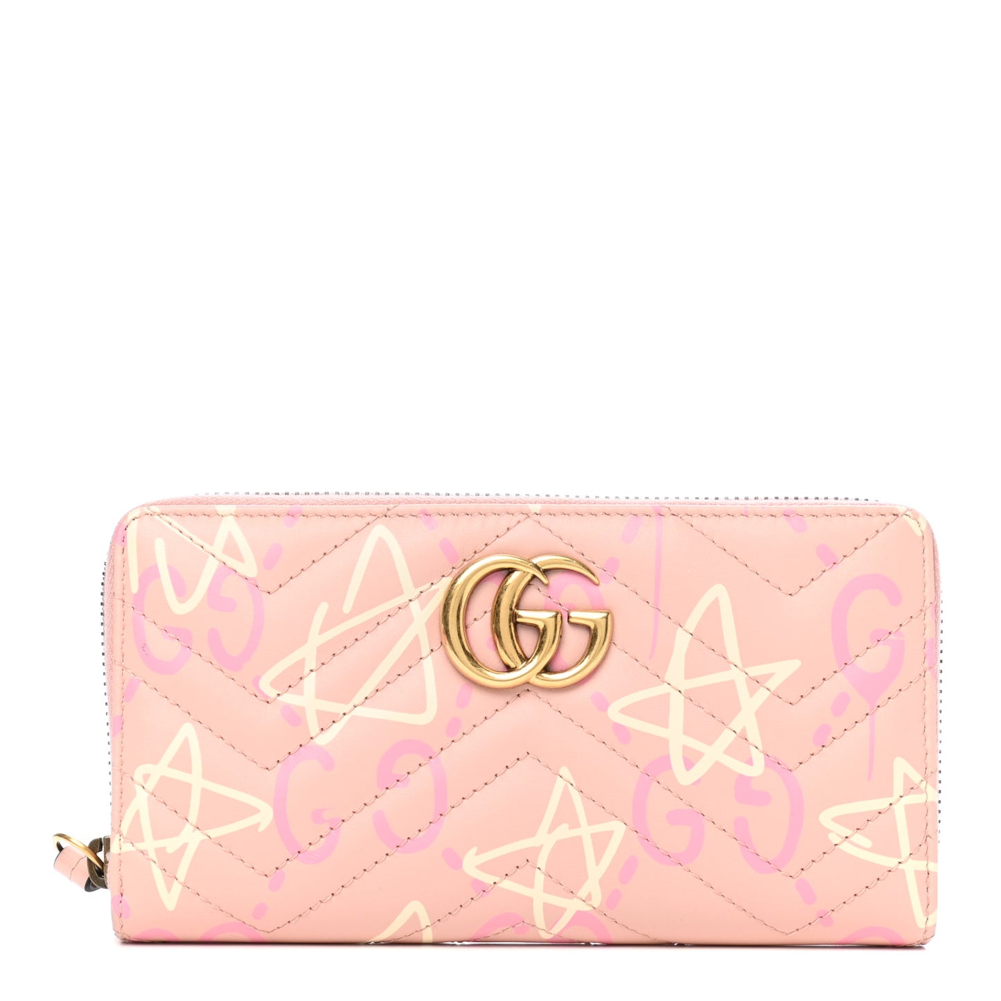 Calfskin Matelasse GucciGhost GG Marmont Zip Around Wallet Perfect Pink Rosa Ivory