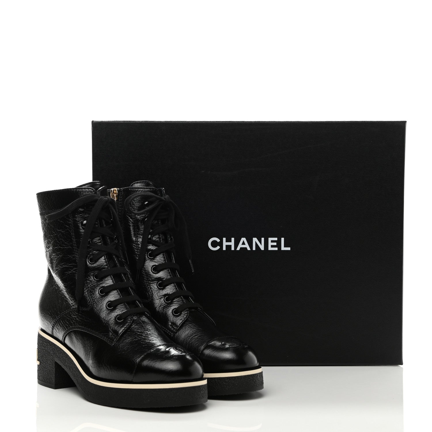 Chanel Shiny Crumpled Lambskin Lace Up Combat Boots 38 Black 9 of 9