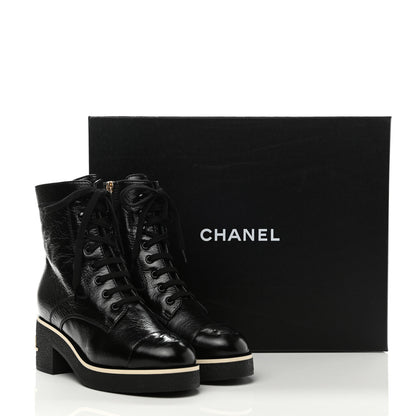 Chanel Shiny Crumpled Lambskin Lace Up Combat Boots 38 Black 9 of 9