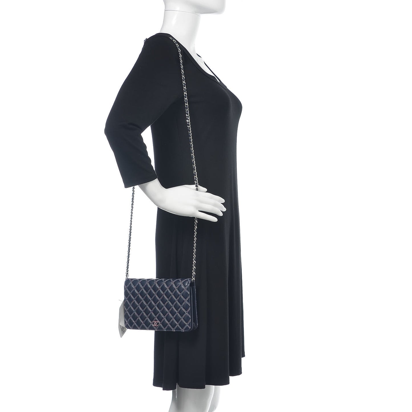 Lambskin Double Quilted Stitch Wallet On Chain WOC Navy Blue