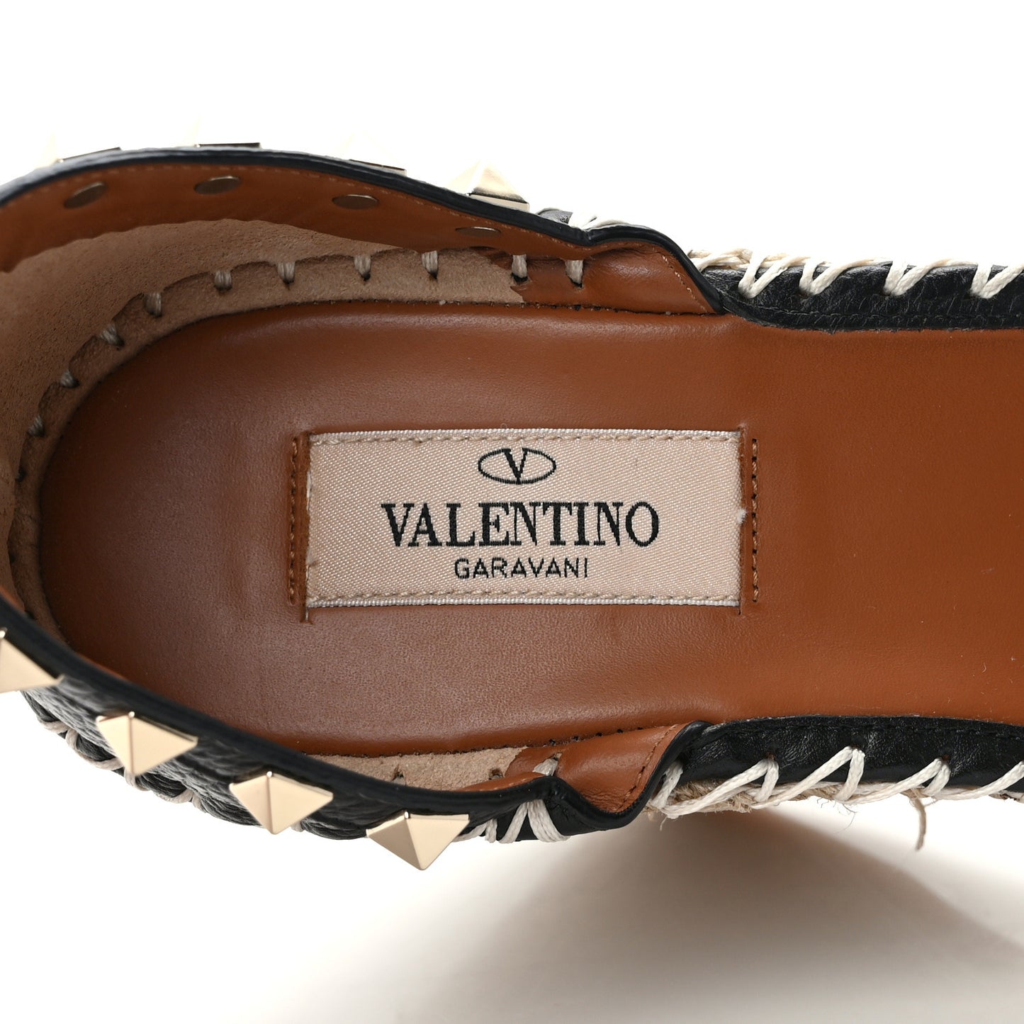 Grained Calfskin Rockstud Ankle Strap Espadrille 15/105mm Wedge Sandals 38 Poudre Black