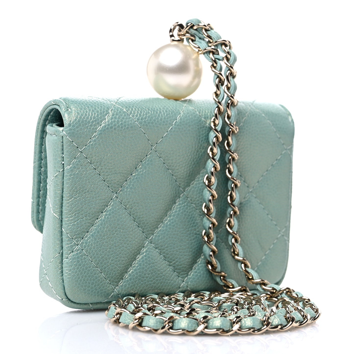 Iridescent Caviar Quilted Pearl On Top Coin Purse With Chain Light Green