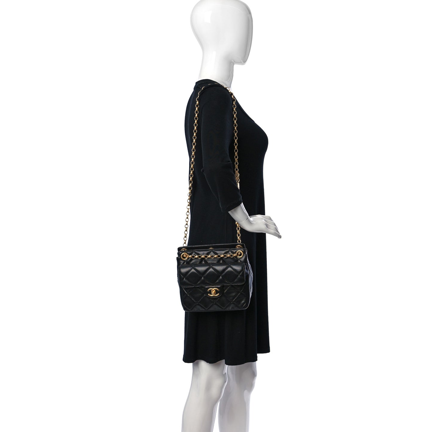 Lambskin Quilted Small Drawstring Shopping Bag With Flap Black