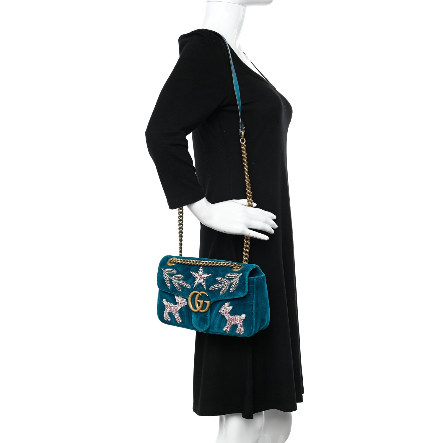 Gucci Velvet Matelasse Embroidered Small GG Marmont Shoulder Bag Pavone Cyan 2 of 14