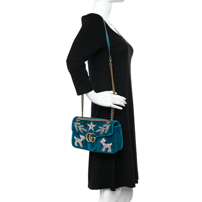 Gucci Velvet Matelasse Embroidered Small GG Marmont Shoulder Bag Pavone Cyan 2 of 14
