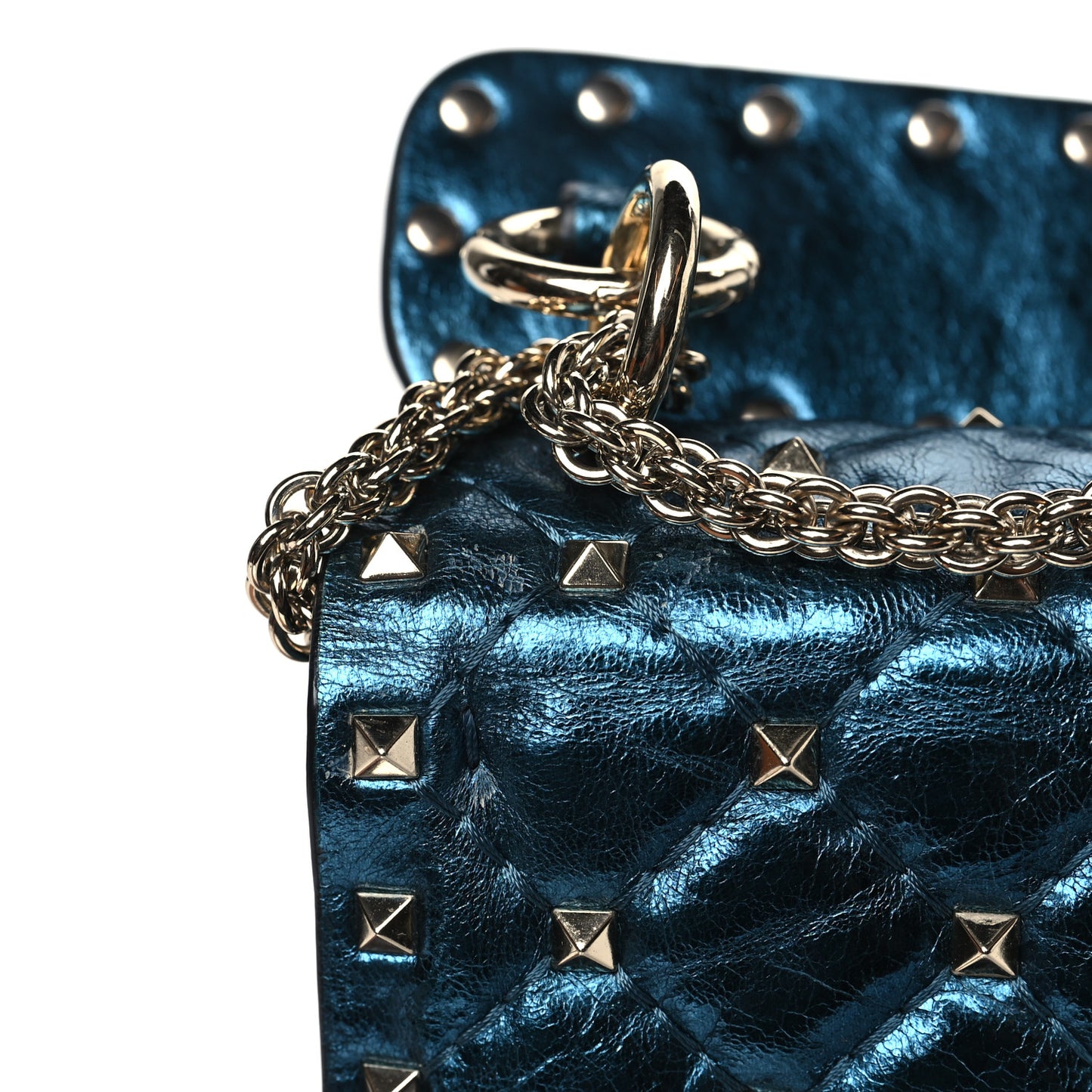 Metallic Wrinkled Lambskin Medium Rockstud Spike Shoulder Bag Peacock