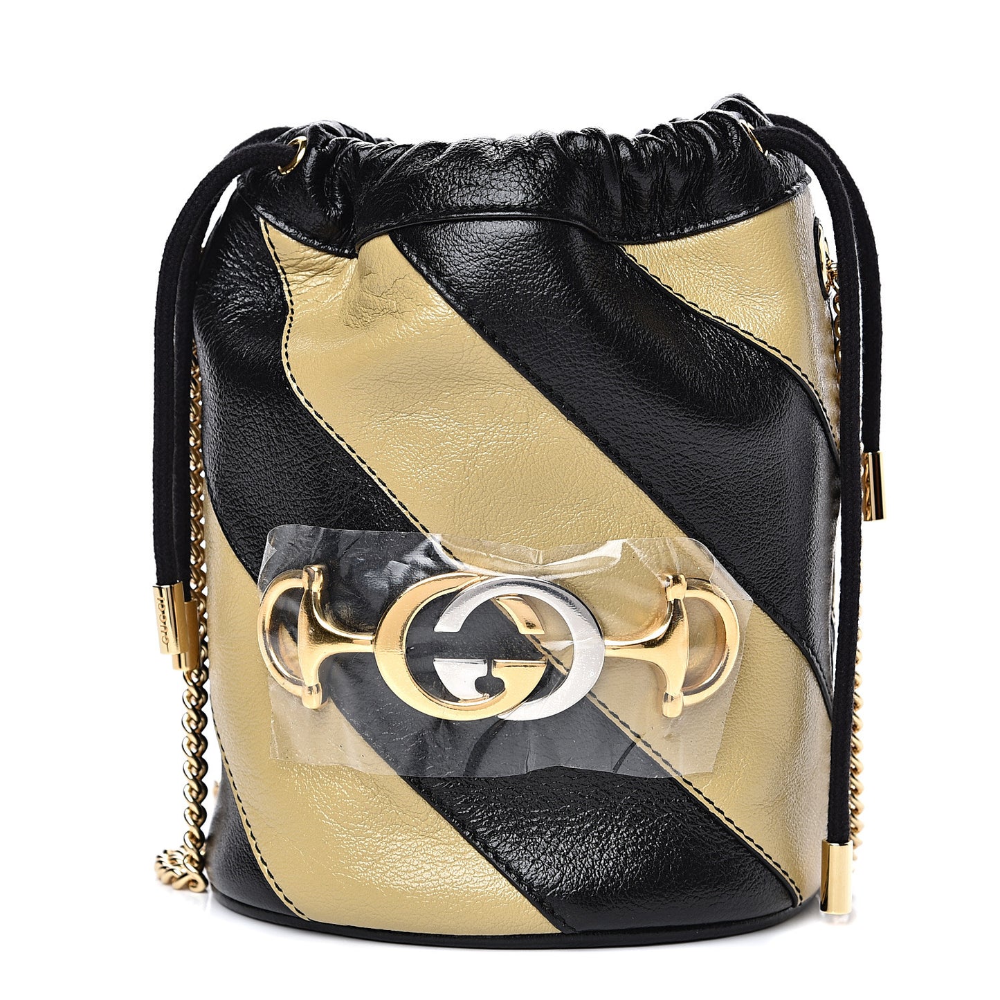 Calfskin Diagonal Striped Mini Zumi Bucket Bag Black Beige