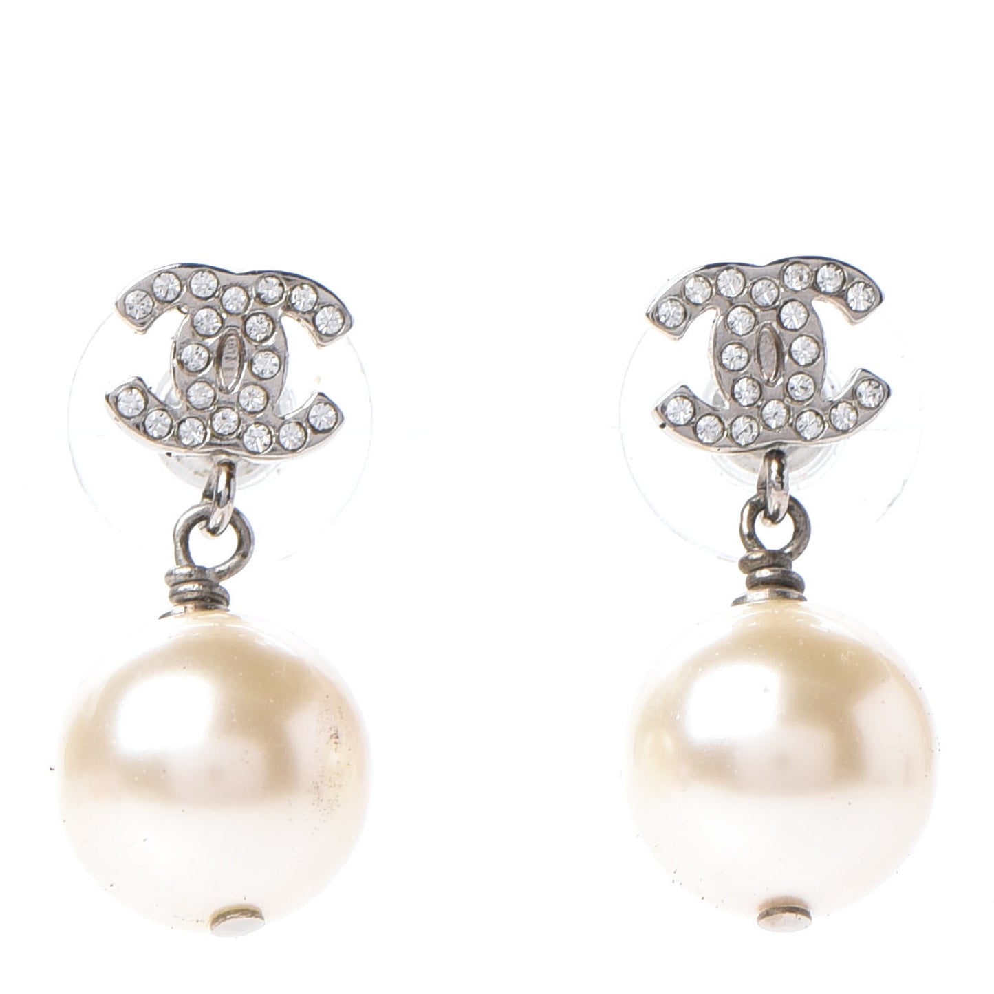Crystal Pearl CC Drop Earrings Silver Pearly White