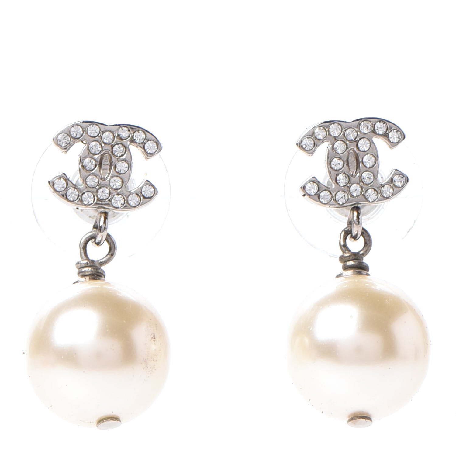 Chanel Crystal Pearl CC Drop Earrings Silver Pearly White 1 of 6