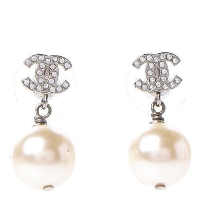 Chanel Crystal Pearl CC Drop Earrings Silver Pearly White 1 of 6