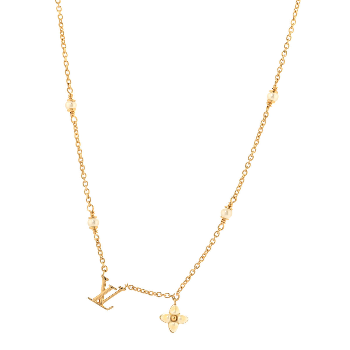 Metal Resin Pearl LV Floragram XS Necklace Gold White