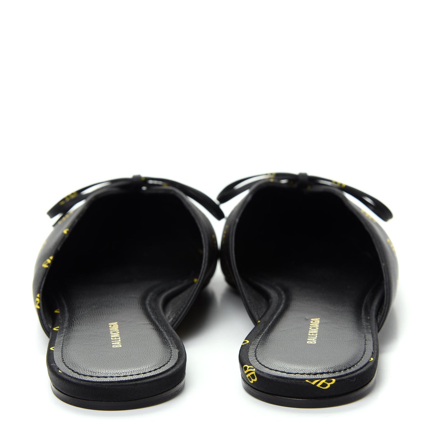 Crepe Satin BB Printed Pointy Toe Knife Flat Mules 37 Black Yellow Fluo
