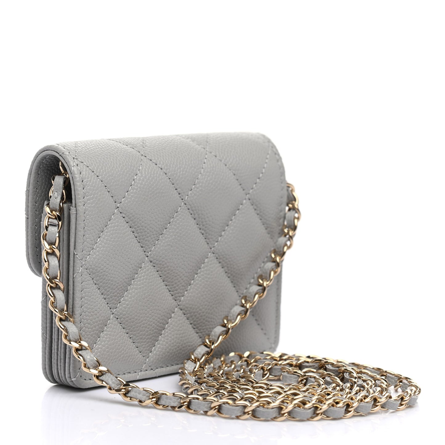 Caviar Quilted Flap Card Holder On Chain Grey