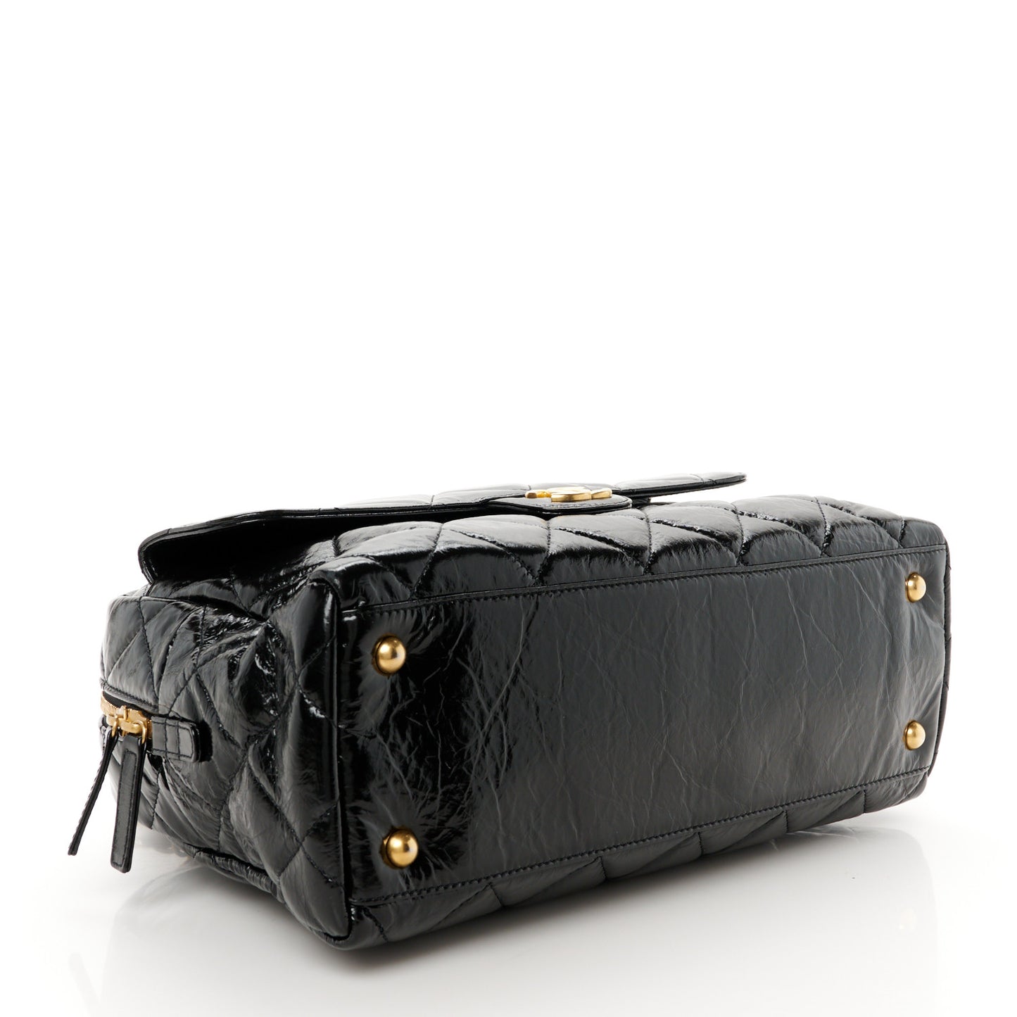 Shiny Crumpled Calfskin Quilted Large Bowling Bag Black