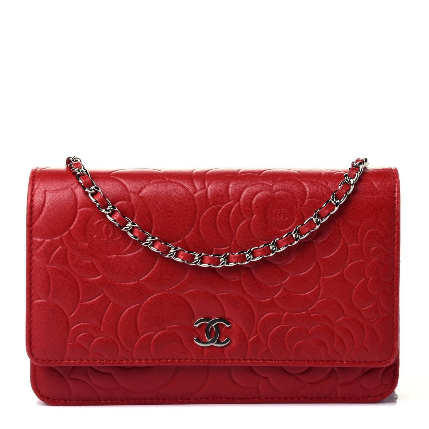 Lambskin Camellia Embossed Wallet On Chain WOC Red