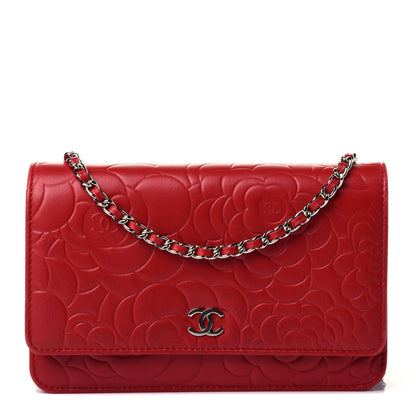Chanel Lambskin Camellia Embossed Wallet On Chain WOC Red 1 of 4