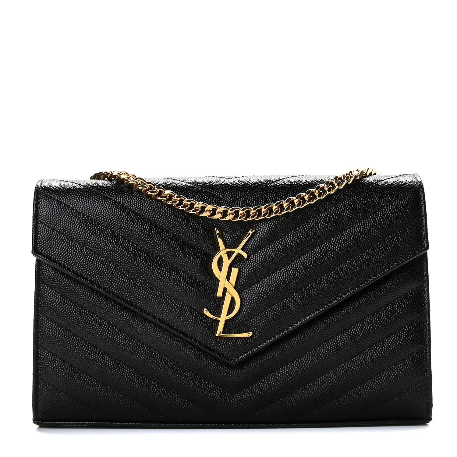 Saint Laurent Grain De Poudre Matelasse Chevron Monogram Chain Wallet Black 1 of 8